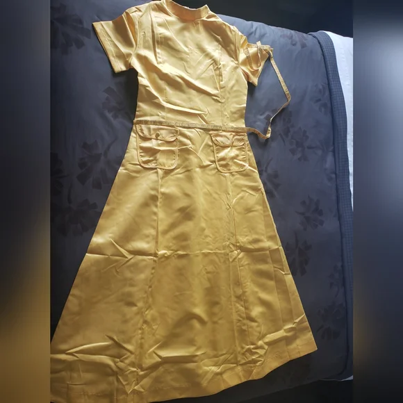 Maxi short sleeve pocket mod sunflower yellow retro vibe elegant dress - Picture 4 of 7